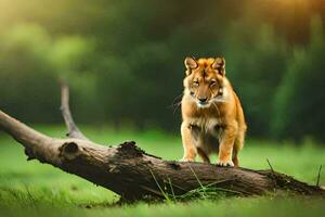 un león en pie en un caído árbol rama. generado por ai foto