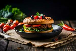 un hamburguesa con Tomates, lechuga y otro vegetales. generado por ai foto