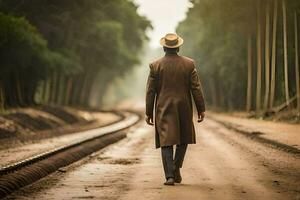 un hombre en un sombrero y Saco caminando abajo un suciedad la carretera. generado por ai foto