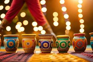 a row of colorful pots with a woman's legs in the background. AI-Generated photo
