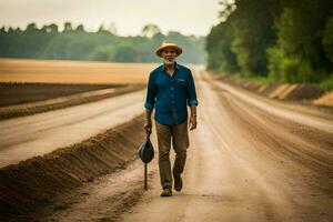 un antiguo hombre caminando abajo un suciedad la carretera. generado por ai foto