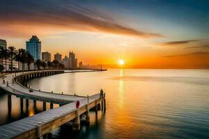 the sun sets over a pier in front of a city. AI-Generated photo