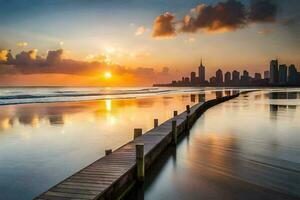 un puesta de sol terminado el Oceano y un muelle. generado por ai foto