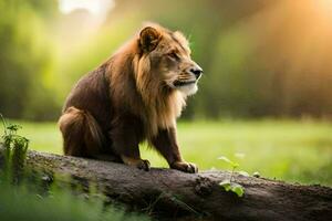 a lion sitting on a log in the middle of a field. AI-Generated photo