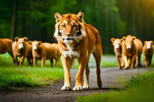 un Tigre caminando a lo largo un la carretera con un manada de ganado. generado por ai foto