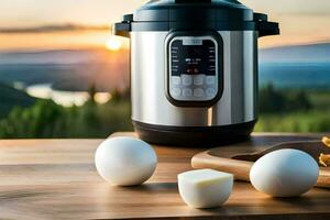 an instant pot with eggs and a pan on a table. AI-Generated photo