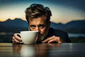 a man is holding a coffee cup. AI-Generated photo