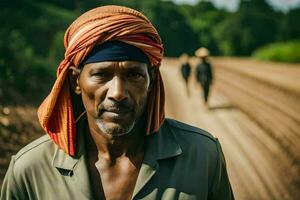 a man in a turban stands on a dirt road. AI-Generated photo