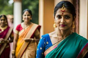 un mujer en un sari soportes con otro mujer. generado por ai foto
