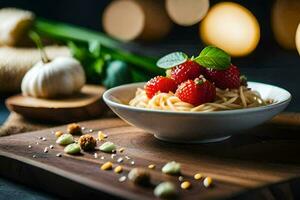spaghetti with strawberries and basil on a wooden cutting board. AI-Generated photo
