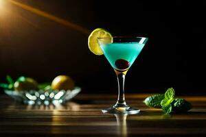 blue cocktail with lemon and mint on a wooden table. AI-Generated photo