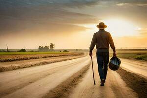 un hombre caminando abajo un suciedad la carretera con un Cubeta y caminando palo. generado por ai foto