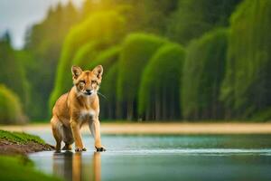 a dingo is standing on the shore of a river. AI-Generated photo