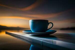 a cup of coffee on a table with a sunset in the background. AI-Generated photo