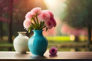 two vases with pink flowers on a table. AI-Generated photo