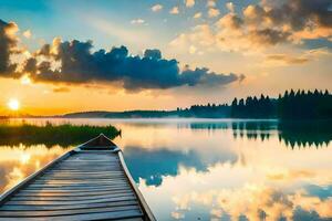 a wooden dock on a lake with a beautiful sunset. AI-Generated photo