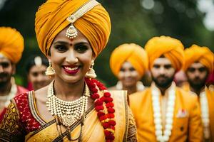 un novia en un amarillo turbante con su damas de honor generado por ai foto