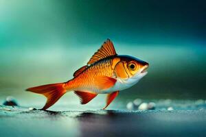 a fish is standing on the water with a blue background. AI-Generated photo
