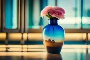 a vase with pink flowers sitting on a table. AI-Generated photo