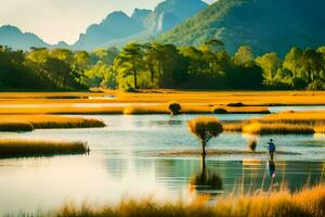 a man standing in the middle of a lake with mountains in the background. AI-Generated photo