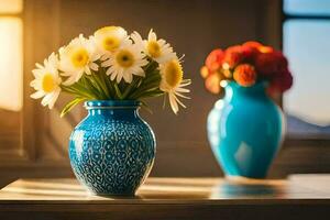 two vases with flowers sitting on a table. AI-Generated photo