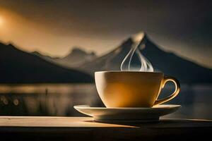 un taza de café en un mesa con montañas en el antecedentes. generado por ai foto