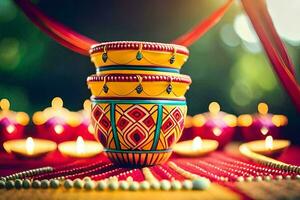 a colorful pot with candles on a table. AI-Generated photo