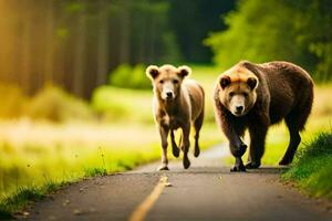two brown bears walking down a road in the woods. AI-Generated photo