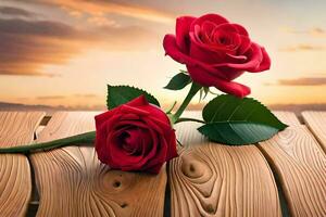 two red roses on a wooden table with sunset in the background. AI-Generated photo