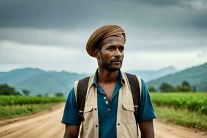 a man in a turban standing on a dirt road. AI-Generated photo