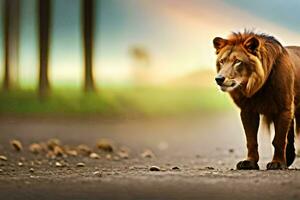 un león caminando en un la carretera en el medio de el día. generado por ai foto