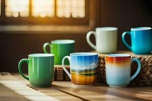 five different colored mugs sitting on a table. AI-Generated photo