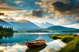 the boat is on the lake, the mountains are in the background. AI-Generated photo