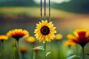 a sunflower is standing in the middle of a field. AI-Generated photo