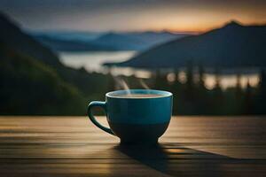 coffee cup on the table, mountains, sunrise, hd wallpaper. AI-Generated photo