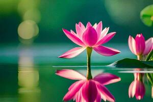 two pink lotus flowers are reflected in the water. AI-Generated photo