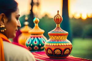 a woman in traditional indian dress is looking at colorful pots. AI-Generated photo