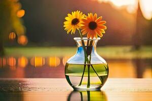 girasoles en un florero en un mesa. generado por ai foto