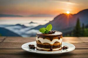the dessert is served on a plate with a mountain view. AI-Generated photo