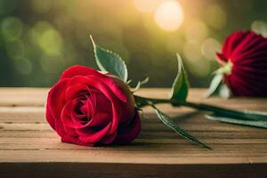 dos rojo rosas en un de madera mesa con un borroso antecedentes. generado por ai foto