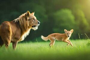 un león y un zorro en un campo. generado por ai foto