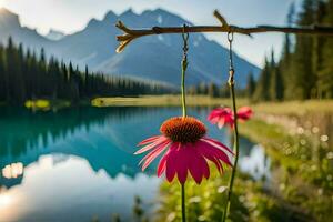 a pink flower is hanging from a branch near a lake. AI-Generated photo