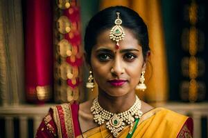 hermosa indio novia en tradicional sari. generado por ai foto