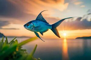 un pescado es volador terminado el Oceano a puesta de sol. generado por ai foto
