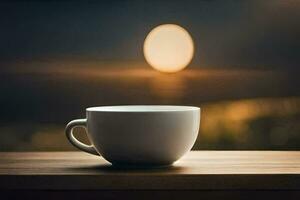 un café taza se sienta en un mesa en frente de un puesta de sol. generado por ai foto