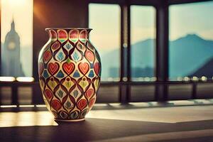 a colorful vase sitting on a table in front of a window. AI-Generated photo