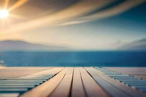 a wooden dock with the sun shining over it. AI-Generated photo