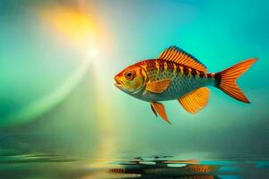 a fish swimming in the water with a bright sun. AI-Generated photo