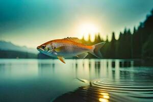 photo wallpaper the sky, fish, water, lake, sunset, the sun, the sky,. AI-Generated