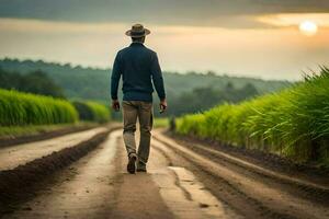 a man walking down a dirt road in front of a field. AI-Generated photo